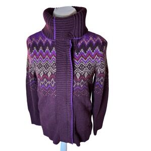 Eddie Bauer Fair Isle Wool Blend Cardigan Sweater Cozy Purple Winter, Womens M